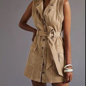Sleeveless Tan Button-Up Vest with Belt